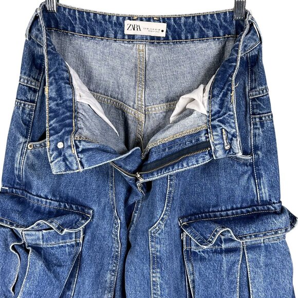 Zara Womens 6 Baggy Hi Rise Wide Leg Utility Multi Pocket Cargo Blue Denim - Picture 4 of 16